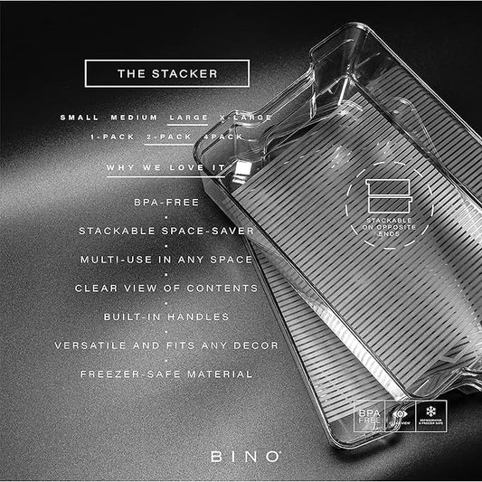 BINO | Stackable Storage Bins, Large - 2 Pack | THE STACKER COLLECTION | Clear Plastic Storage Bins | Built-In Handles | BPA-