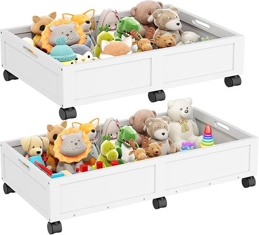 Rolling under-bed storage drawers in a clean, minimal bedroom — Puriva
