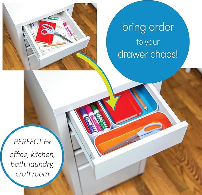 Three by Three Seattle 12-Piece Metal Organizer Tray Set arranged in a desk drawer — Classic Colors