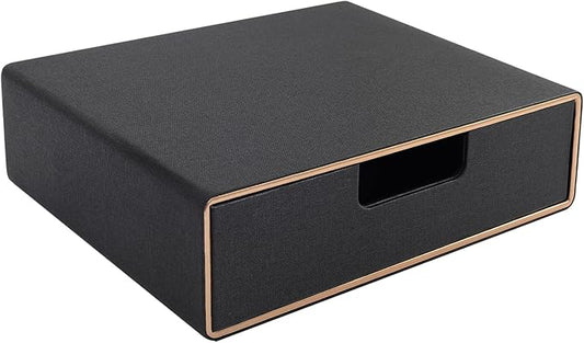 Black faux-leather organizer drawer used for a home paperwork command center
