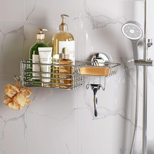 Silver suction-cup shower caddy with basket and hooks for no-drill shower storage