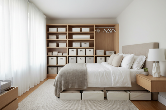 Calm, clutter-free bedroom with bamboo under-bed storage, organized nightstand, and fabric dresser from Puriva