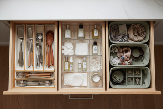 Neatly organized kitchen and bathroom drawers with bamboo utensil trays and clear stackable bins from Puriva