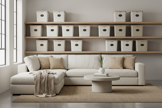 Clear stackable storage bins organized on pantry shelves and closet from Puriva