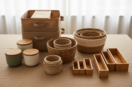 Neatly organized home shelves featuring storage bins, baskets, and drawer organizers from Puriva