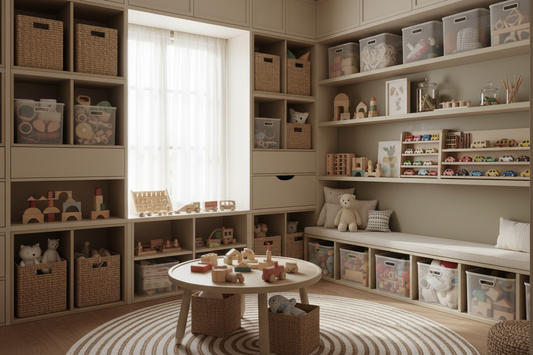 Colorful, neatly organized kids' room with open storage bins, toy organizers, and labeled baskets from Puriva