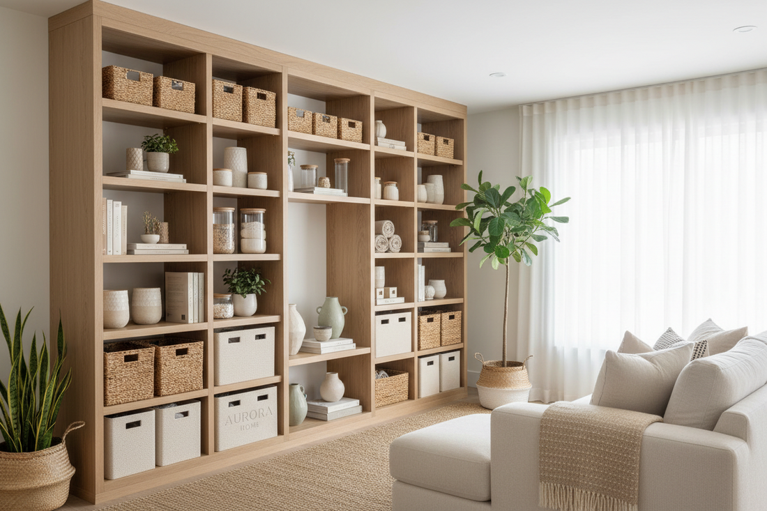 Neatly organized new home with labeled storage bins, pantry containers, and closet organizers from Puriva