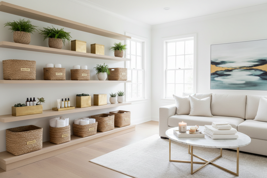 Calm, organized home with fabric storage bins, wall-mount key holder, and wire basket from Puriva