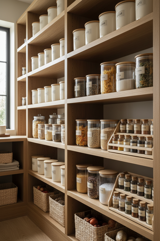 Professionally organized pantry with clear bins, tiered spice racks, and labeled containers from Puriva