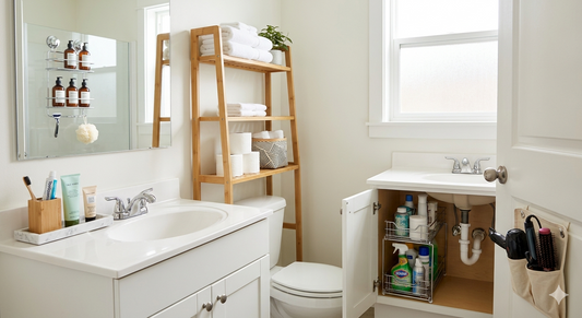 Small bathroom organized with over-toilet rack, under-sink pull-out drawers, and cabinet door baskets from Puriva