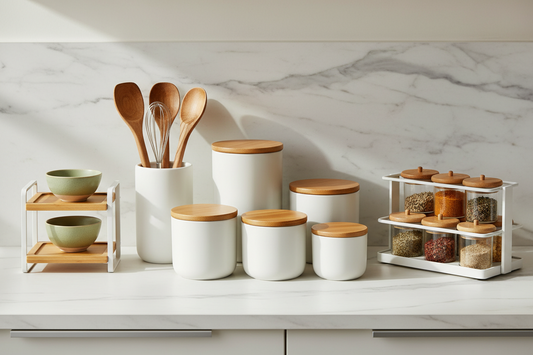 Clean, organized kitchen counter with expandable shelf risers, dish drying rack, and fruit bowl from Puriva