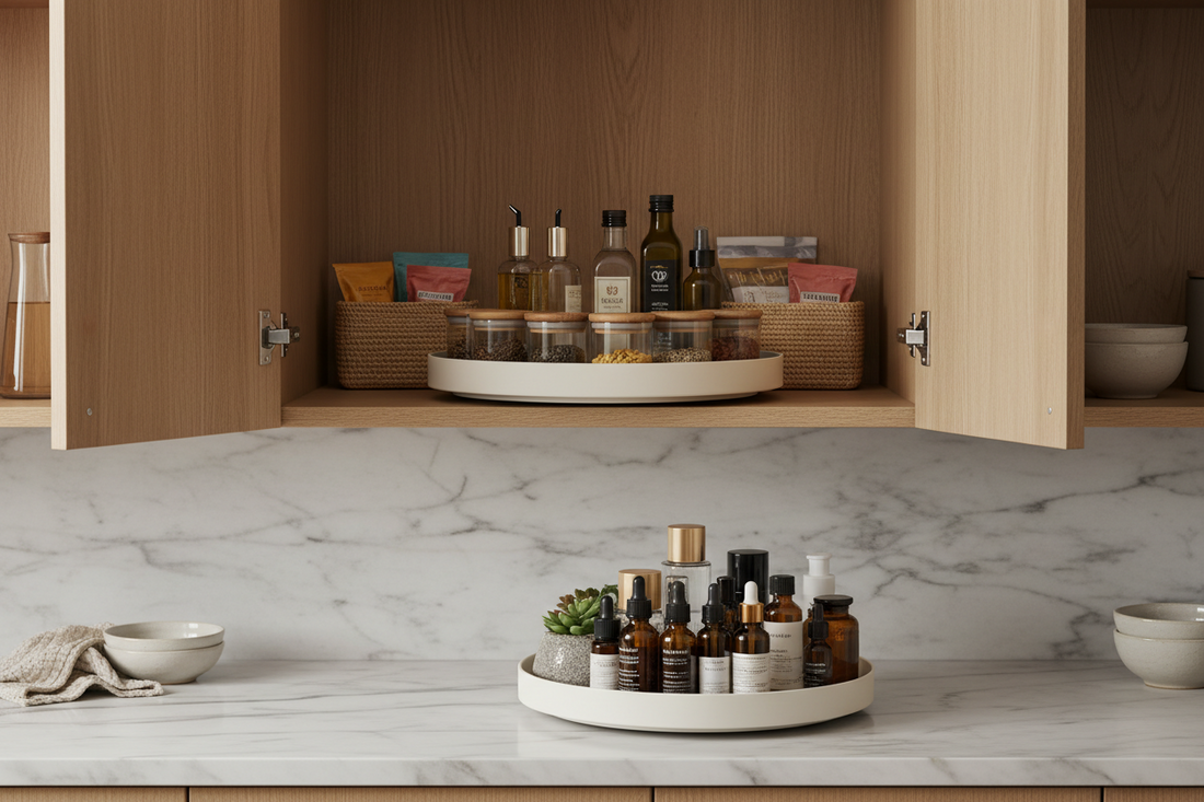 Marble and acrylic lazy Susan turntable organizers on kitchen counter and cabinet from Puriva