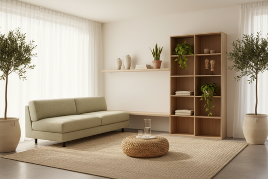 Calm, clutter-free living space with neutral fabric storage baskets and organized shelves from Puriva
