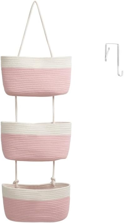 TeoKJ Over the Door Hanging Basket, 3-Tier Woven Cotton Wall-Mounted Storage Organizer Bag Decorative Hanging Nursery Baskets