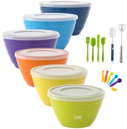 LISI 23Pcs Mixing Bowls Set with Lids, Airtight BPA-Free Nesting Bowls for Mixing, Baking, Cooking & Storage, Dishwasher Safe Serving Bowl, Includes Spatula, Spoons, Brush & Whisk