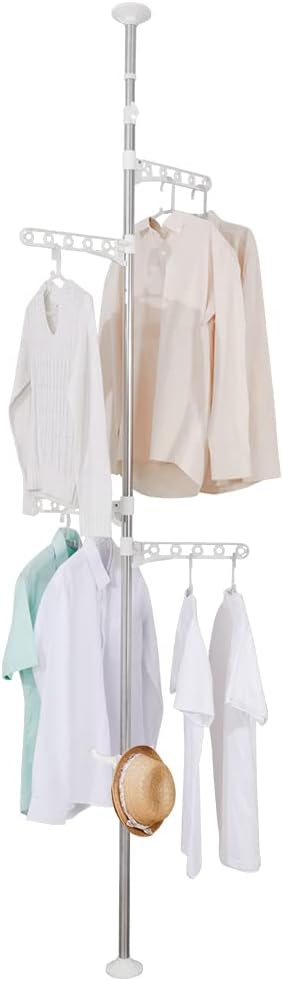 BAOYOUNI Corner Laundry Pole Coat Tree Hanger Telescopic Clothing Drying Rack Floor to Ceiling Tension Shelf Rod Metal Storag