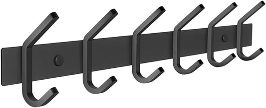 Matte Black Coat Rack Wall Mount – 17 Inch Stainless Steel Hook Rail with 6 Double Coat Hooks – Wall Mounted Entryway Organiz