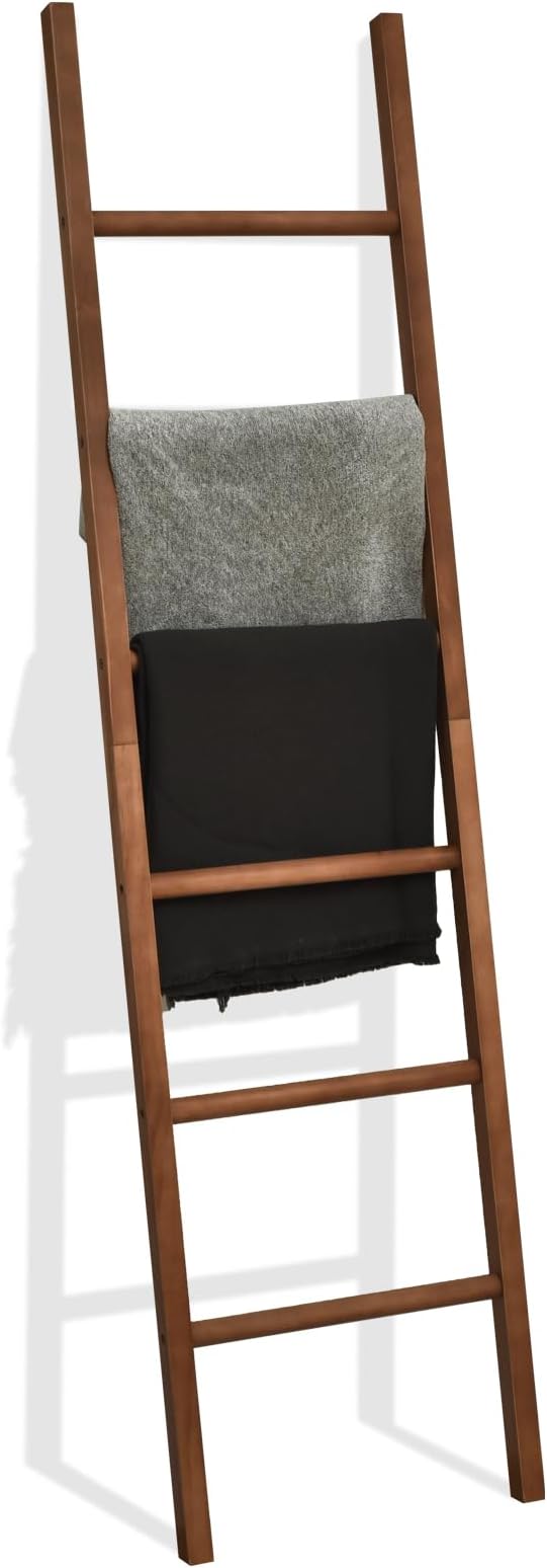 FUIN 6ft Wooden Brown Blanket Ladder Living Room Decorative Wall Leaning Farmhouse Quilt Display Holder Rustic Wood Towel Rac