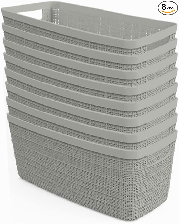 Curver Set of 8 Slim 6.8L Jute Decorative Plastic Organization and Storage Baskets - Perfect Bins for Home Office, Closet She