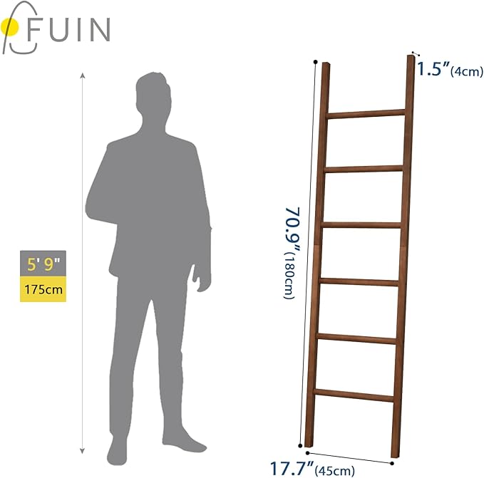 FUIN 6ft Wooden Brown Blanket Ladder Living Room Decorative Wall Leaning Farmhouse Quilt Display Holder Rustic Wood Towel Rac