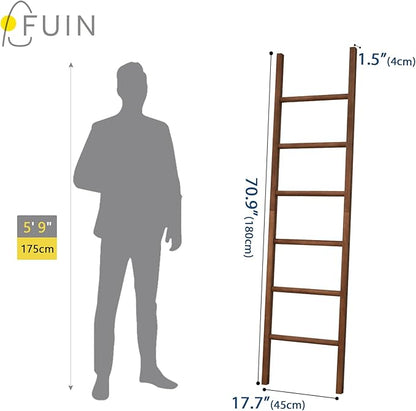 FUIN 6ft Wooden Brown Blanket Ladder Living Room Decorative Wall Leaning Farmhouse Quilt Display Holder Rustic Wood Towel Rac