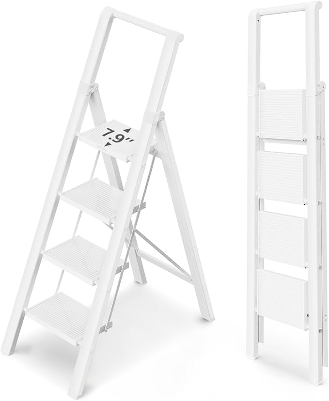 WOA WOA 4 Step Ladder for 10 Feet High Ceiling, Lightweight Foldable Ladder with Non-Slip Wide Pedals, Step Stool with Safe H