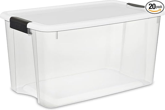 Sterilite 20-Pack Ultra Latching Box, Storage Bins with Lids, Clear Plastic, 70 Quart - Heavy-Duty Organizing Containers for 