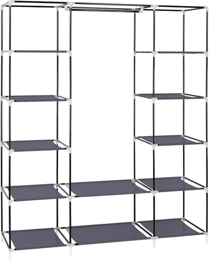 Karlhome 5-Tier Canvas Wardrobe, Portable Fabric Wardrobe with Shelves and Cover for Hanging Clothes, Clothes Rail with Cover