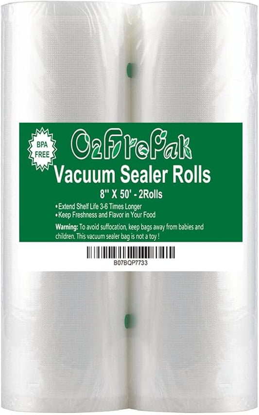 O2frepak 2Pack (Total 100Feet) 8x50 Rolls Vacuum Sealer Bags Rolls with BPA Free,Heavy Duty Vacuum Food Sealer Storage Bags R
