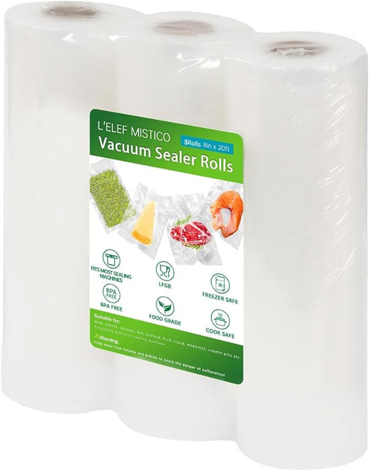 L'ELEF MISTICO Vacuum Sealer Bags for Food, 8''X20' (3 Rolls) BPA Free Food Saver Bags for Sealer, Customized Size Vacuum Sto