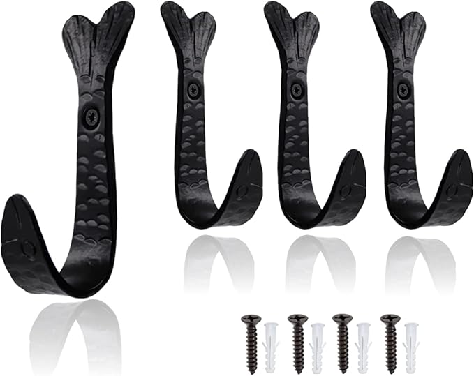 The Metal Magician Pack of 4 Fish Tail HANDFORGED Rustic Wrought Iron Hooks Vintage Old Country Iron Hanging Hooks Cottage Ki