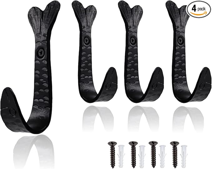 The Metal Magician Pack of 4 Fish Tail HANDFORGED Rustic Wrought Iron Hooks Vintage Old Country Iron Hanging Hooks Cottage Ki