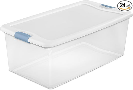 Sterilite 24-Pack Latching Box, Under Bed Storage Bins with Lids, Clear Plastic, 106 Quart - Heavy-Duty Organizing Containers