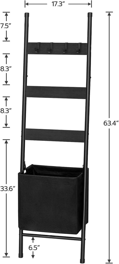 HOOBRO Blanket Ladder with Basket, 17.3”L x 63.4”H, Towel Rack with Hooks, Blanket Holder Rack, Decorative Ladder Shelf, Dryi