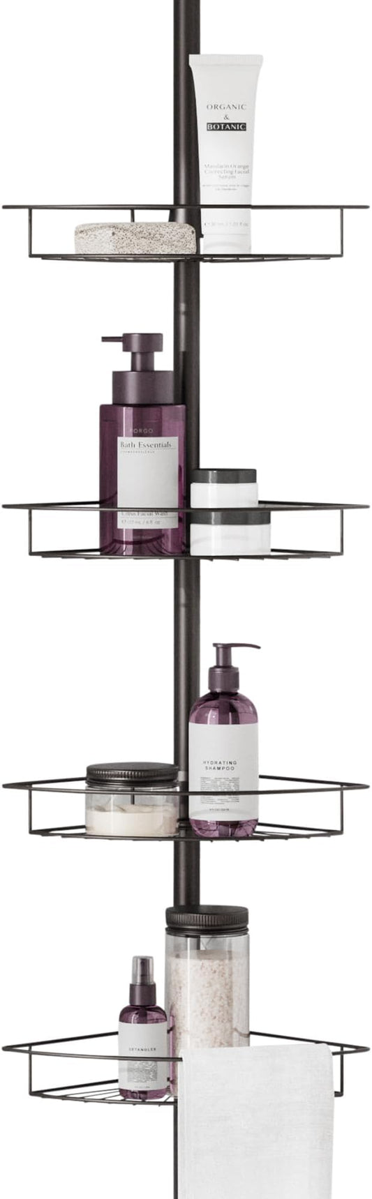 Zenna Home Tension Pole Shower Caddy Corner Organizer, Adjustable Standing Shower Caddy with 4 Baskets and Towel Bar, Rust Re