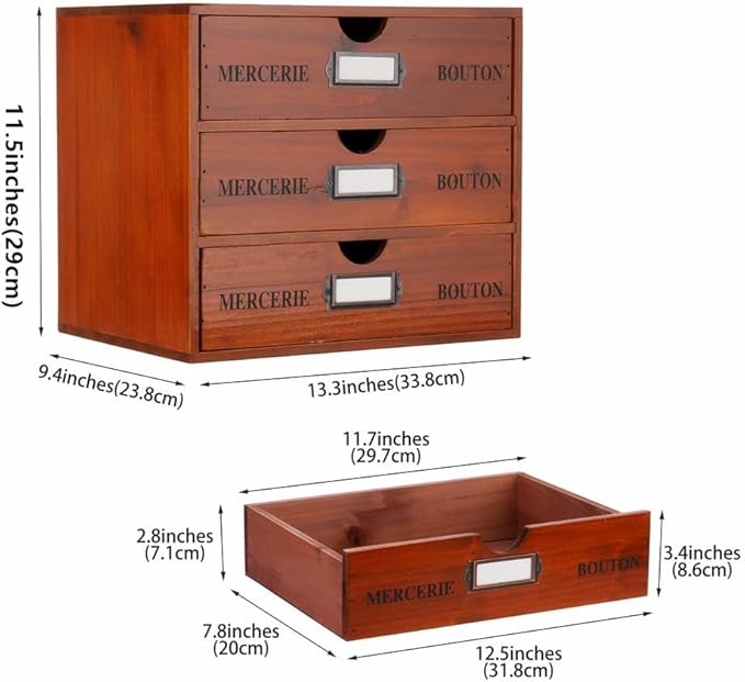 Wooden Storage Box Rustic Desktop Organizer with 3 Drawers Office Desk Accessories Shelf Large Craft Storage Containers Apoth