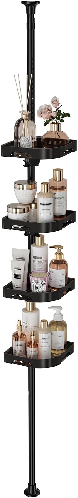 Tension Pole Shower Caddy Organizer with4 Tier L-Shaped Rust Resistant Bathroom Corner Shelves with 34-124 Inch Adjustable No