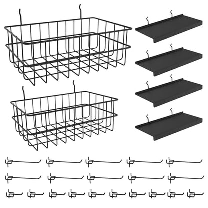 26PCS Peg Board Organizer Accessories Kit, Assortment 2PCS Wire Baskets, 4PCS Shelves, 20PCS Hooks for 1/4” and 3/16” Pegboar