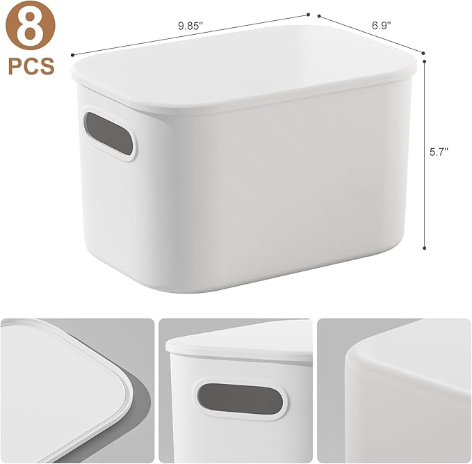 ORGIDOL 8 Pack White Storage Bins with Lids Stackable Storage Container for Organizing, Storage Boxes with Handle for Shelves