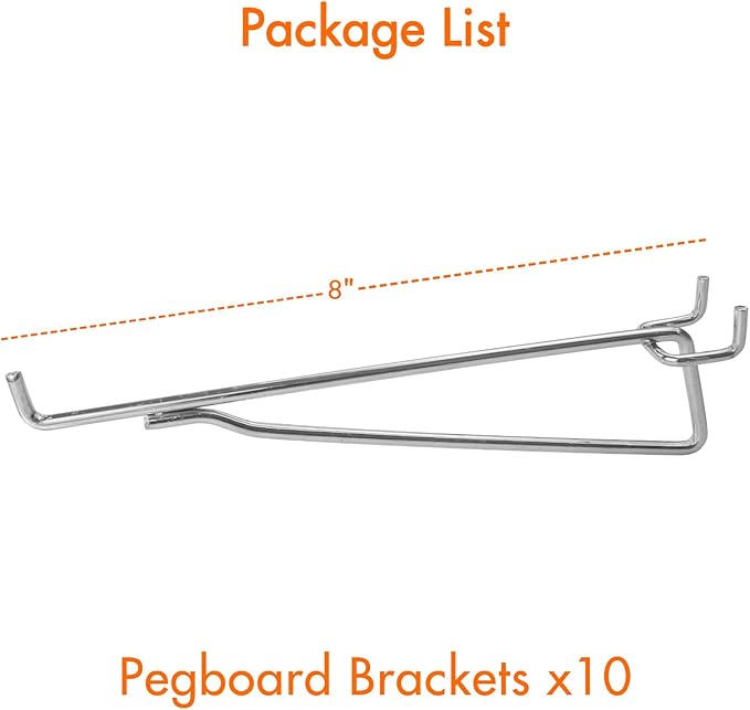 G.CORE Pegboard Shelf Hooks, 10-Pack 8" Silver Peg Board Brackets, 1/4" Peg Board Organizer Accessories, Peg Hooks Assortment