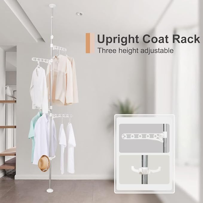 BAOYOUNI Corner Laundry Pole Coat Tree Hanger Telescopic Clothing Drying Rack Floor to Ceiling Tension Shelf Rod Metal Storag