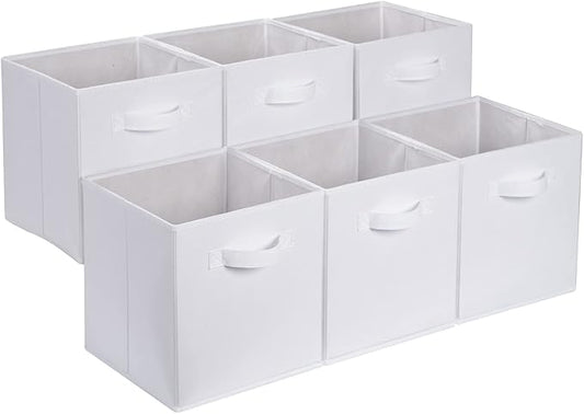 Amazon Basics Collapsible Fabric Storage Cubes Organizer with Handles, Sturdy Storage Bins, White, 10.5-x-10.5-x-11-inch, 6-P