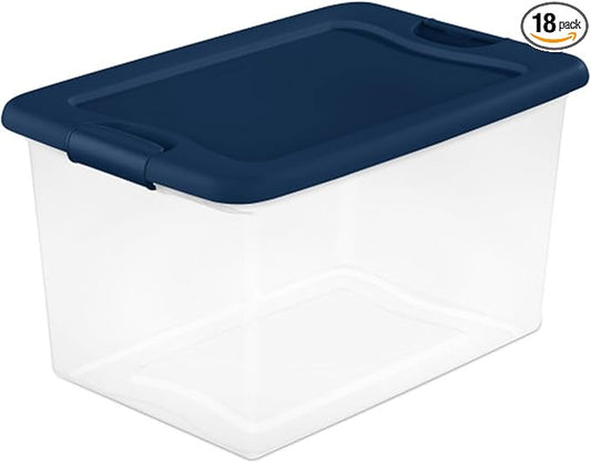 Sterilite 18-Pack Color Program, Large Clear Plastic Storage Bins with Lids, 64 Quart, Blue - Stackable Organizing Container 