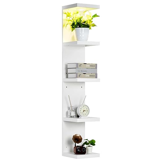 LinTimes 5-Tier LED Wall Shelf with Remote Control, White Floating Shelves Unit, Wall Mounted Display Storage