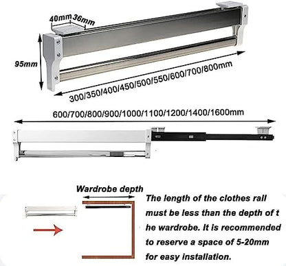 Pull-Out Clothes Rail,Extendable Pull Out Closet Rod - Wardrobe Pull-Out Trousers Rack, Adjustable 30-80cm Wardrobe Rail Clot