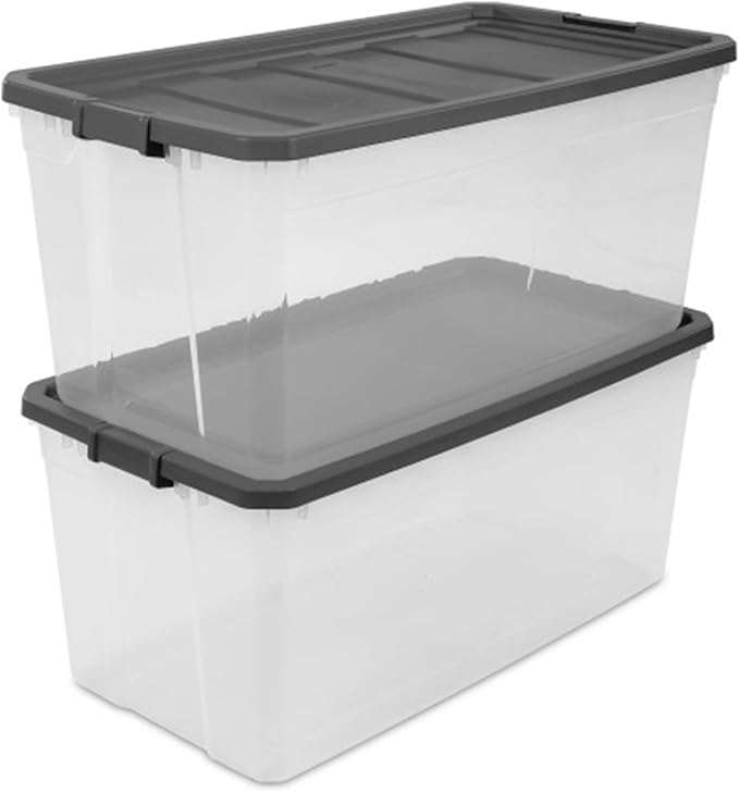 Sterilite 12-Pack Modular Stacker Box, Durable Clear Plastic Storage Bins with Latching Lids, 200 Quart - Stackable Organizin