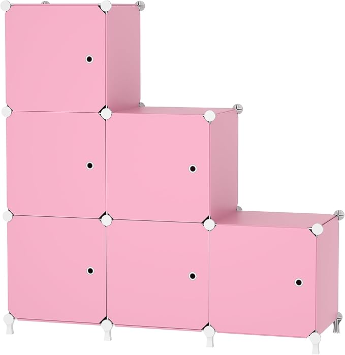 Cube Storage Organizer, 6-Cube Shelves Unit with Doors, DIY Stackable Plastic Clothes Organizer for Bedroom and Under Stairs 