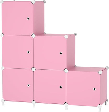 Cube Storage Organizer, 6-Cube Shelves Unit with Doors, DIY Stackable Plastic Clothes Organizer for Bedroom and Under Stairs 