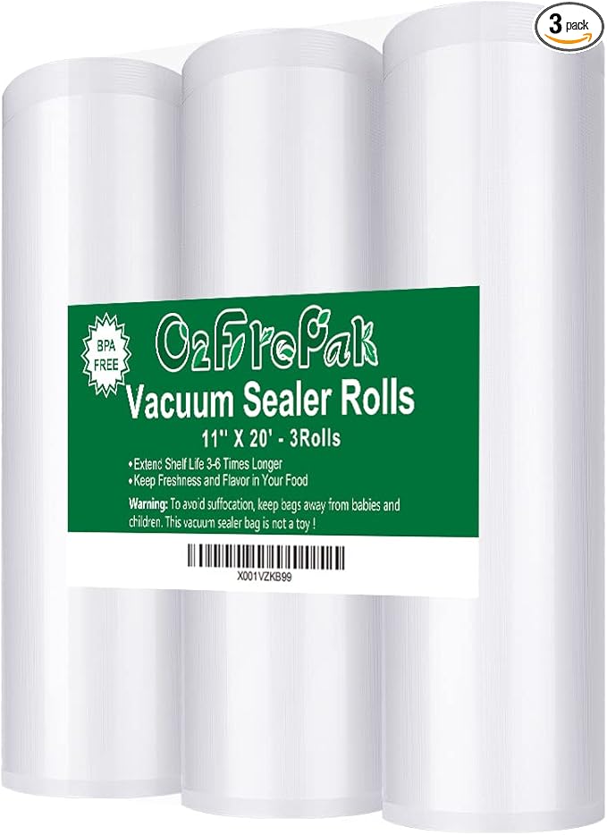 O2frepak 3 Pack 11"x20' Rolls Vacuum Sealer Bags Rolls with BPA Free,Heavy Duty Vacuum Sealer Storage Bags Rolls,Cut to Size 