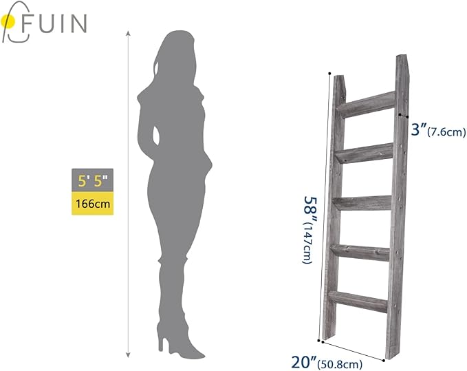 FUIN 5ft (58") Wood Blanket Ladder Living Room Decorative Wall Leaning Farmhouse Quilt Display Holder Rustic Wooden Towel Rac